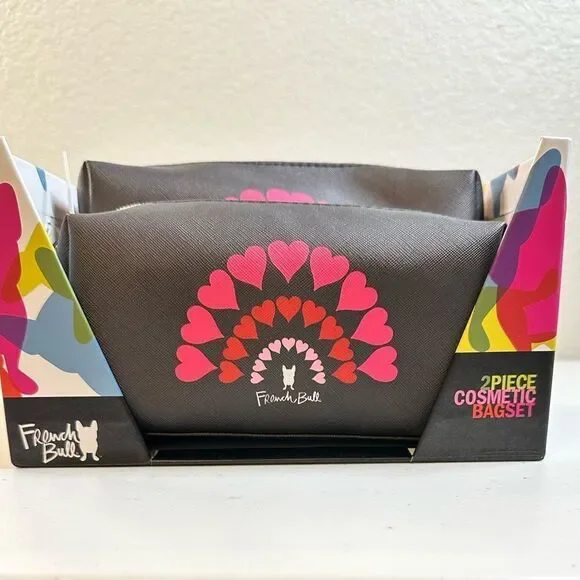 NIB French Bull 2 Piece Black and Pink Cosmetic Bag Set Heart Graphics - Picture 2 of 7